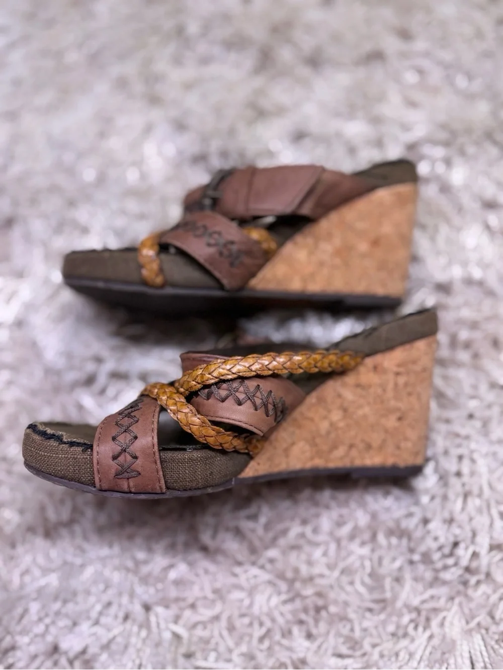 Skechers Modiste Electric Bond Brown Leather Cork Wedge Sandals Size 5